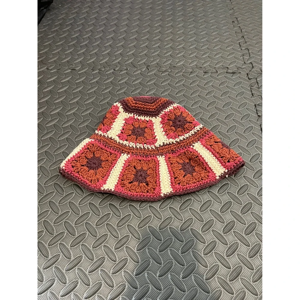 Lucky Brand Bucket Hat Womens OS Multicolor Crochet Granny‎ Square Boho Retro